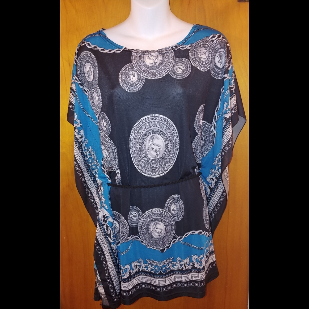🔥 NWT DOTS silky medallion bat wing belted tunic